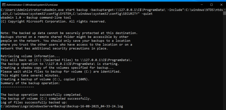 wbadmin Admin Output